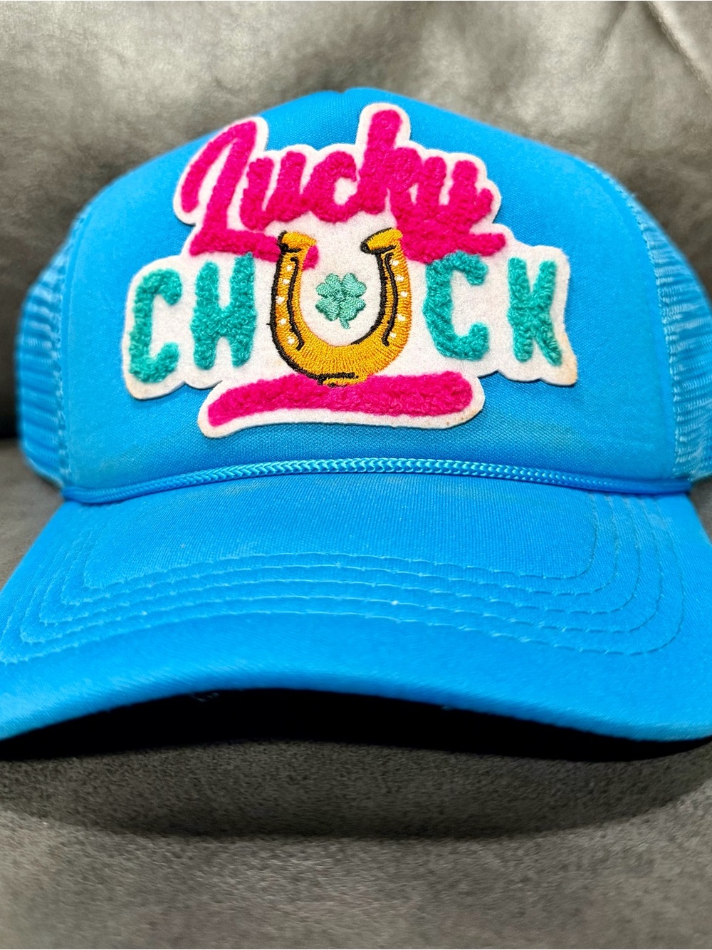 Bright Blue 'Lucky Chuck' Embroidered Trucker Hat
